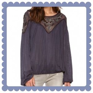 Free People Blue Embellished Top DEFECTS NWT